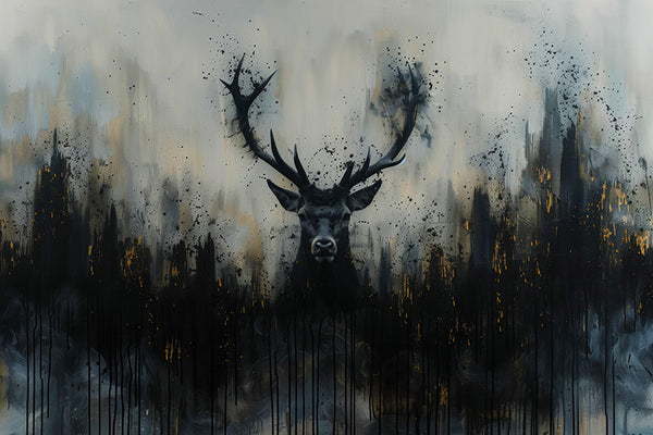 Majestic deer with large antlers in a mystical fog, perfect for adding a vibrant touch to any wall.