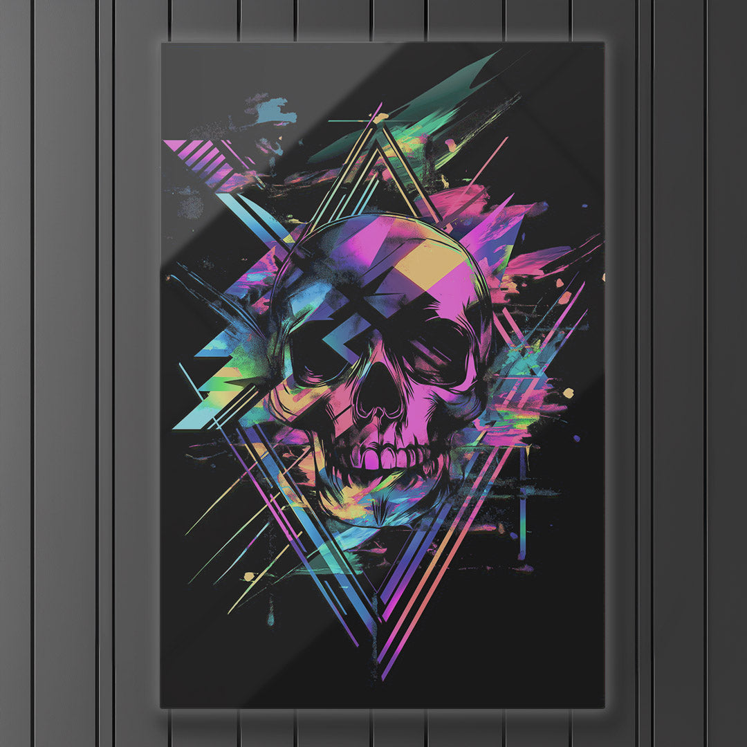 Vibrant metal wall art featuring a striking skull design on a rustic gray wood panel, perfect for adding an edgy touch to any space.