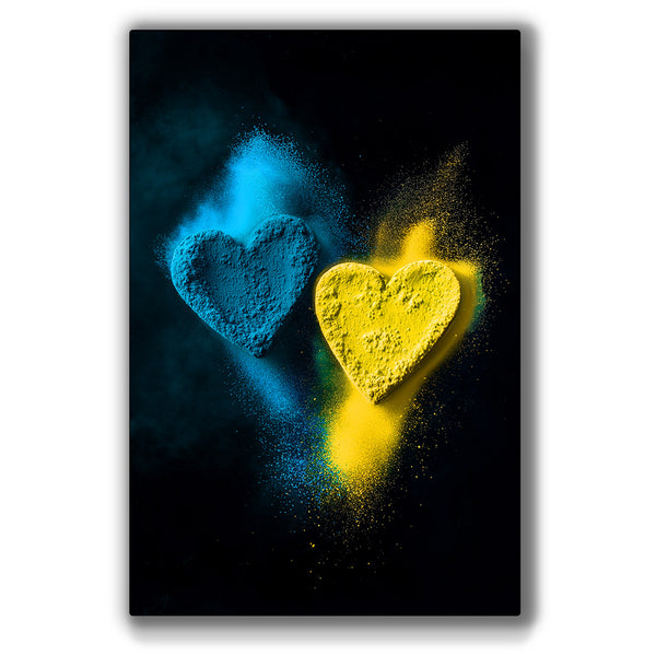 Vibrant metal wall art featuring striking blue and yellow heart designs, perfect for adding a pop of color to any space.