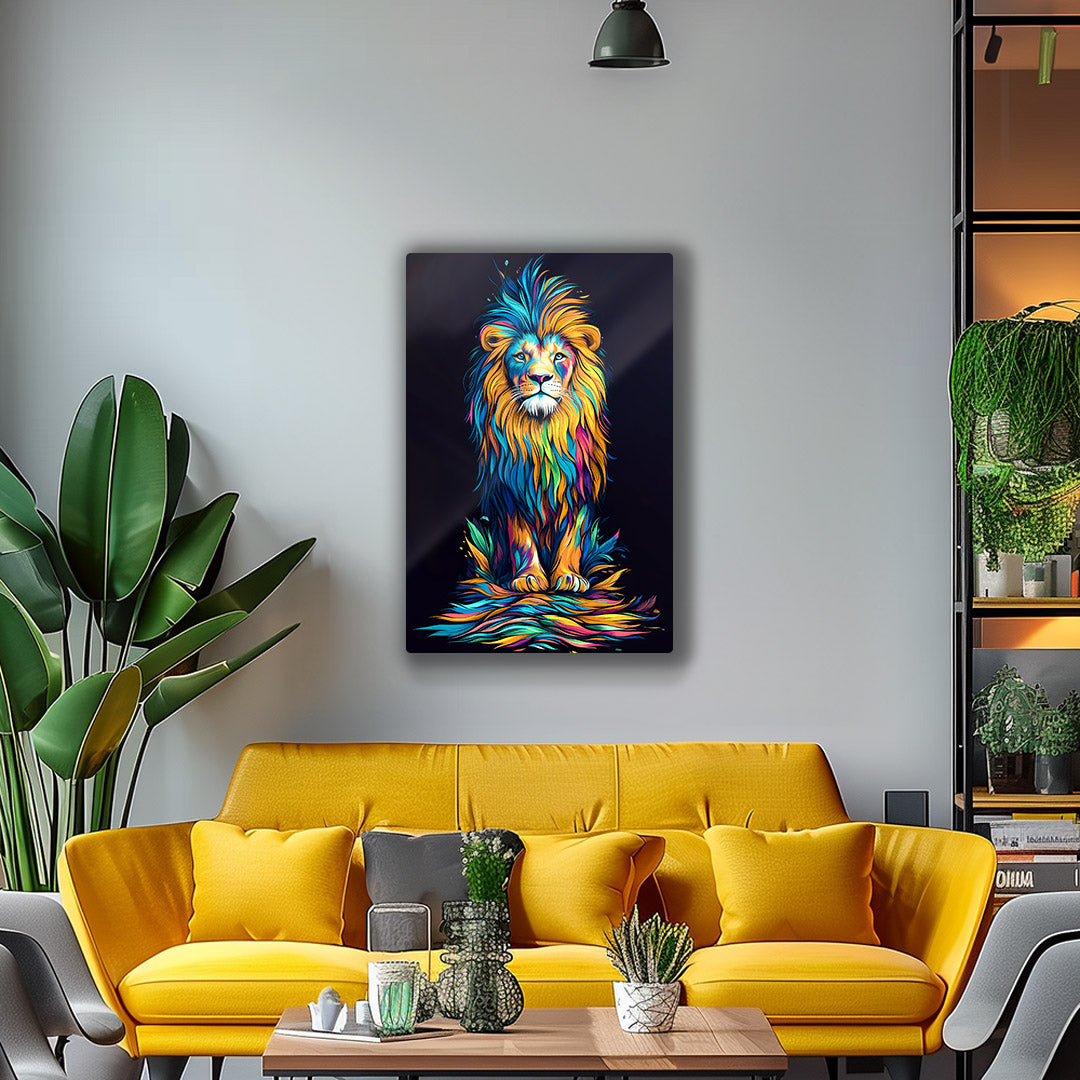 Vibrant metal wall art featuring a colorful lion mosaic design, perfect for adding a bold touch to any space.