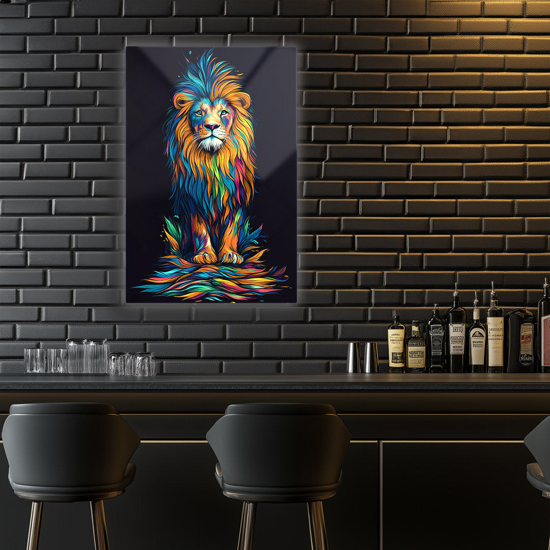 Vibrant metal wall art featuring a colorful lion mosaic design, perfect for adding a bold statement to any space.