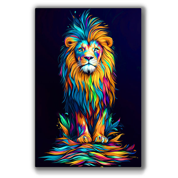 Vibrant metal wall art featuring a mesmerizing rainbow mosaic lion design, perfect for adding color and personality to any space.