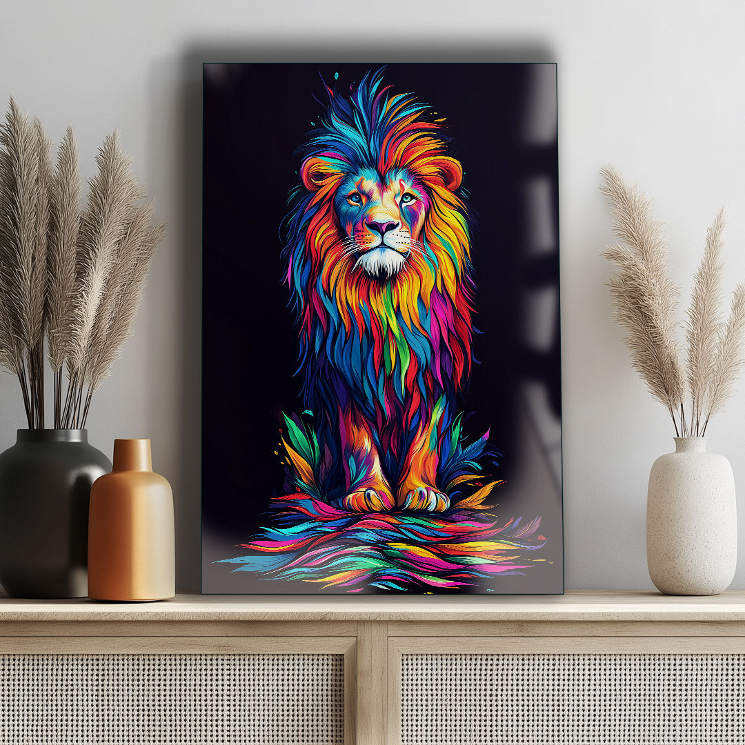 Vibrant metal wall art featuring a colorful lion mosaic, perfect for adding a bold and artistic touch to any space.