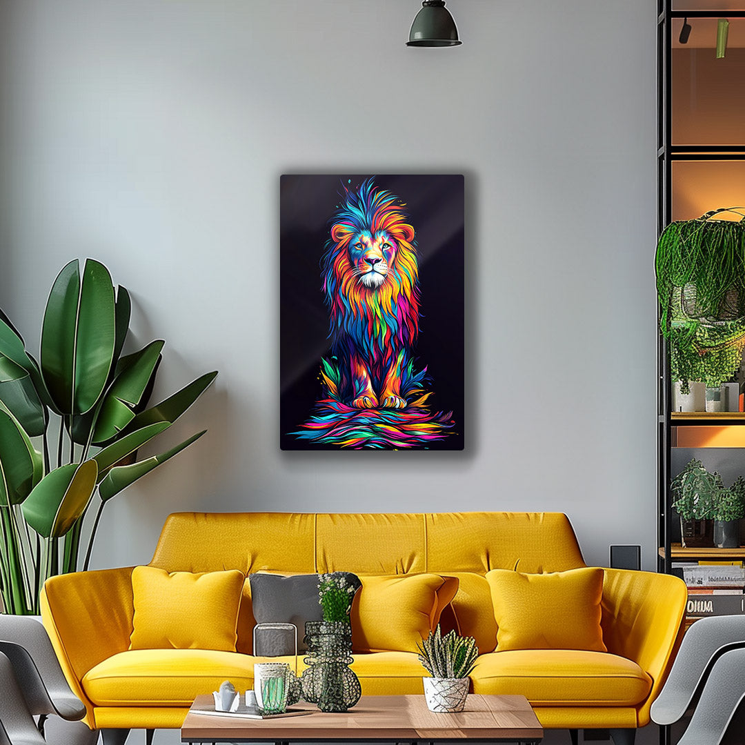 Vibrant metal wall art featuring a colorful lion design, perfect for adding a bold statement to any space.