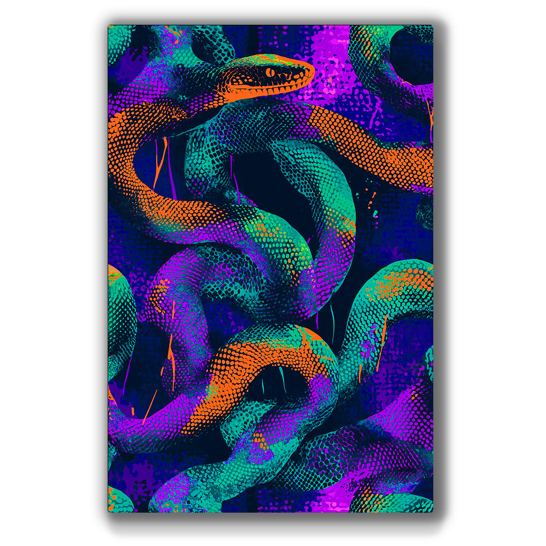 Vibrant metal wall art featuring a striking snake design, perfect for adding a bold touch to any space.