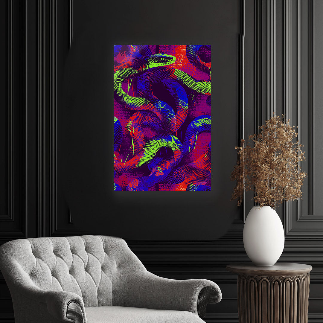 Vibrant metal wall art featuring a striking snake design, perfect for adding a bold statement to any space.