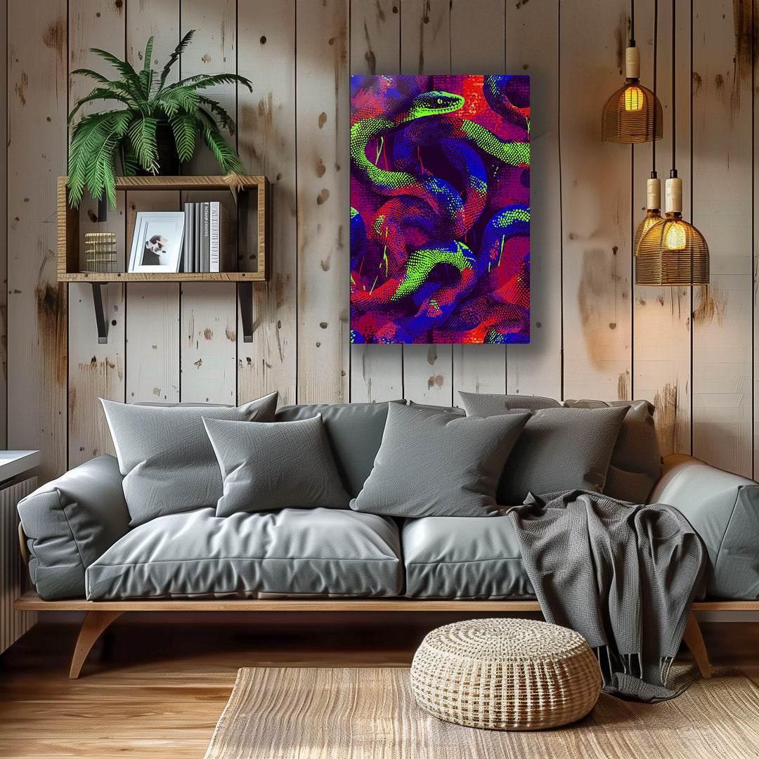 Vibrant metal wall art featuring snake designs illuminated under blacklight, perfect for adding a striking touch to any modern decor.