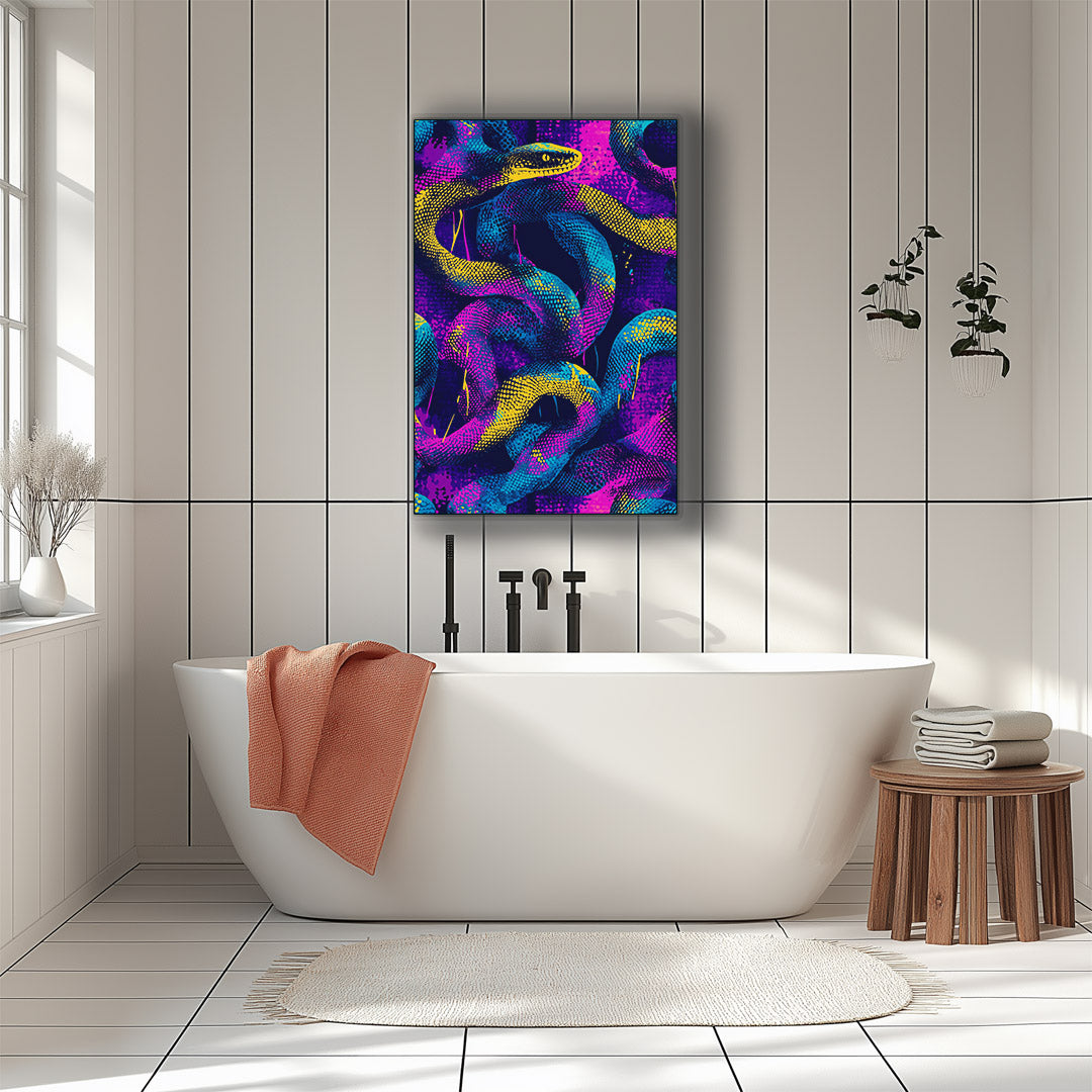 Vibrant metal wall art featuring a striking snake design, perfect for adding a bold touch to any modern decor.