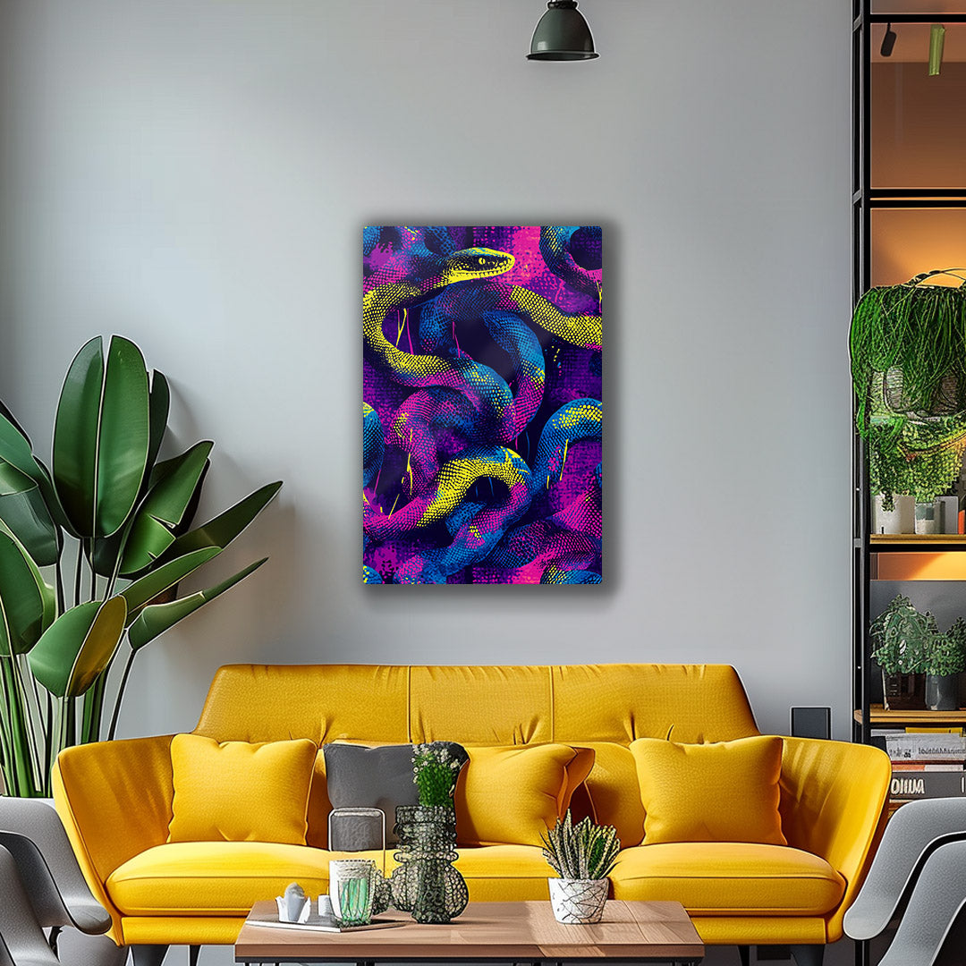 Vibrant metal wall art featuring a striking snake design, perfect for adding a bold statement to any space.