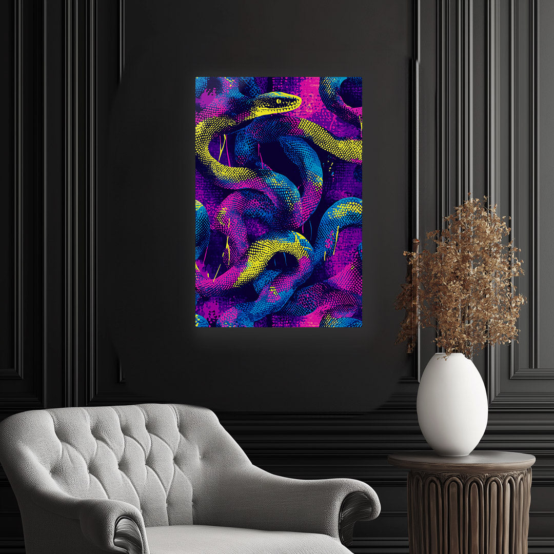 Vibrant metal wall art featuring a striking snake design, perfect for adding a bold and dynamic touch to your space.