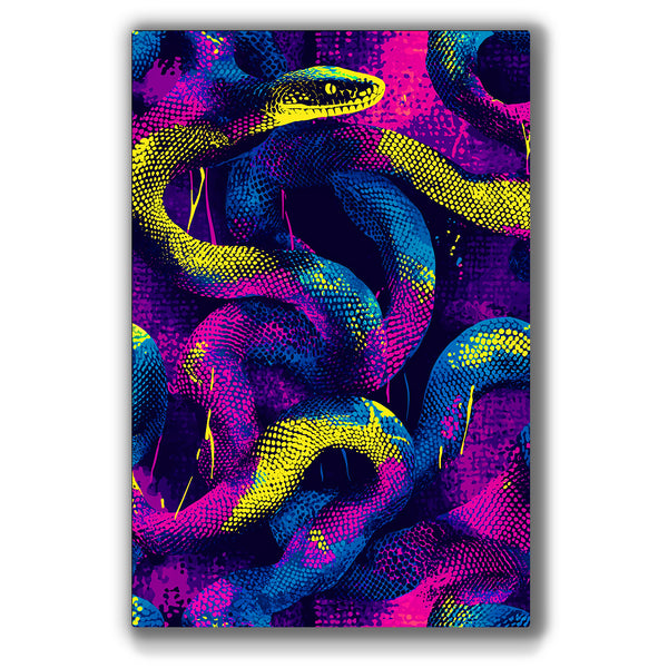 Vibrant snake design in metal wall art, featuring dynamic colors and striking blacklight effects for a bold statement piece.