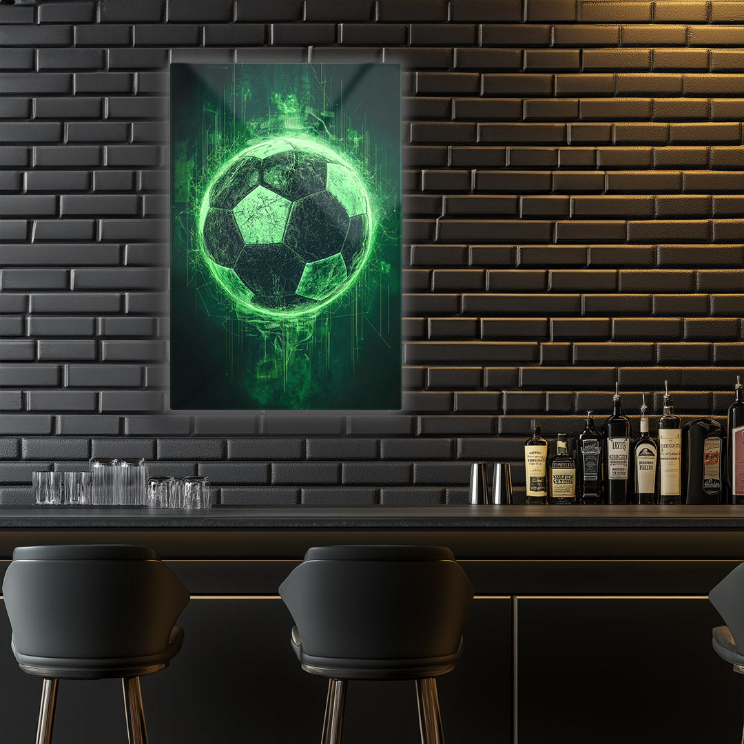 Vibrant metal wall art featuring a dynamic soccer ball design, perfect for sports enthusiasts and modern decor.