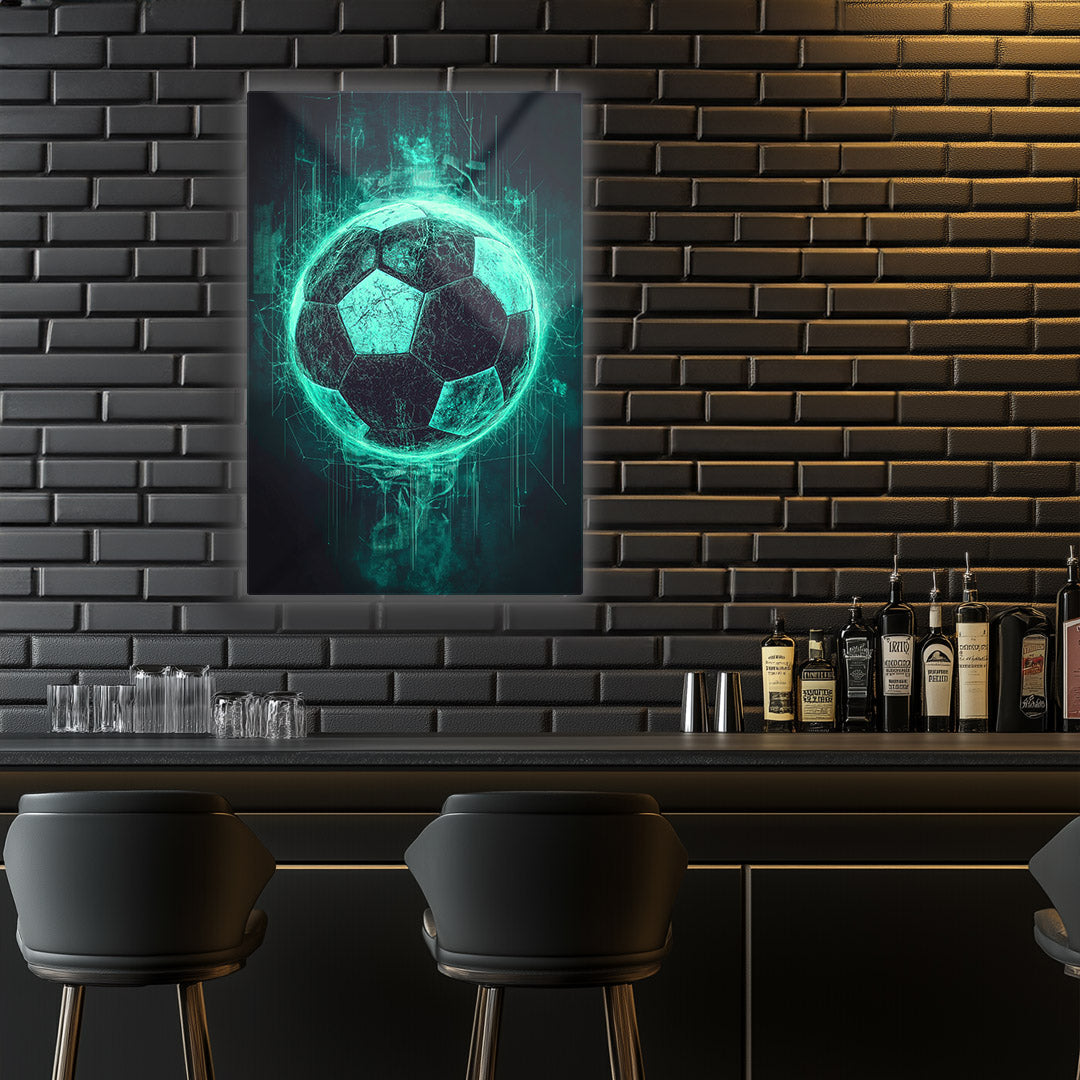 Vibrant metal wall art featuring a striking soccer ball design against a sleek black brick background, perfect for sports enthusiasts.