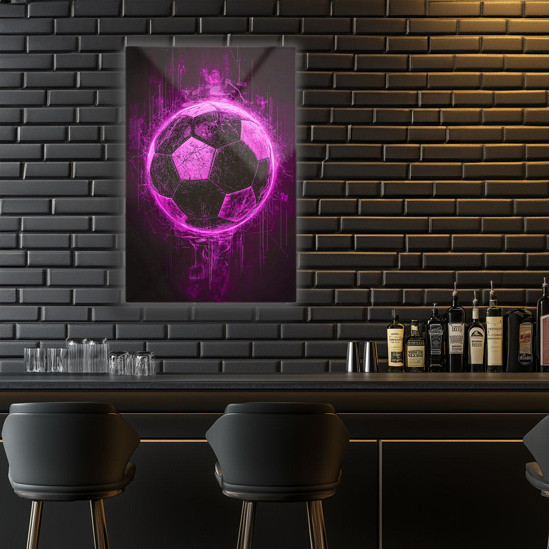 Vibrant metal wall art featuring a dynamic soccer ball design against a stylish black brick background, perfect for sports enthusiasts.