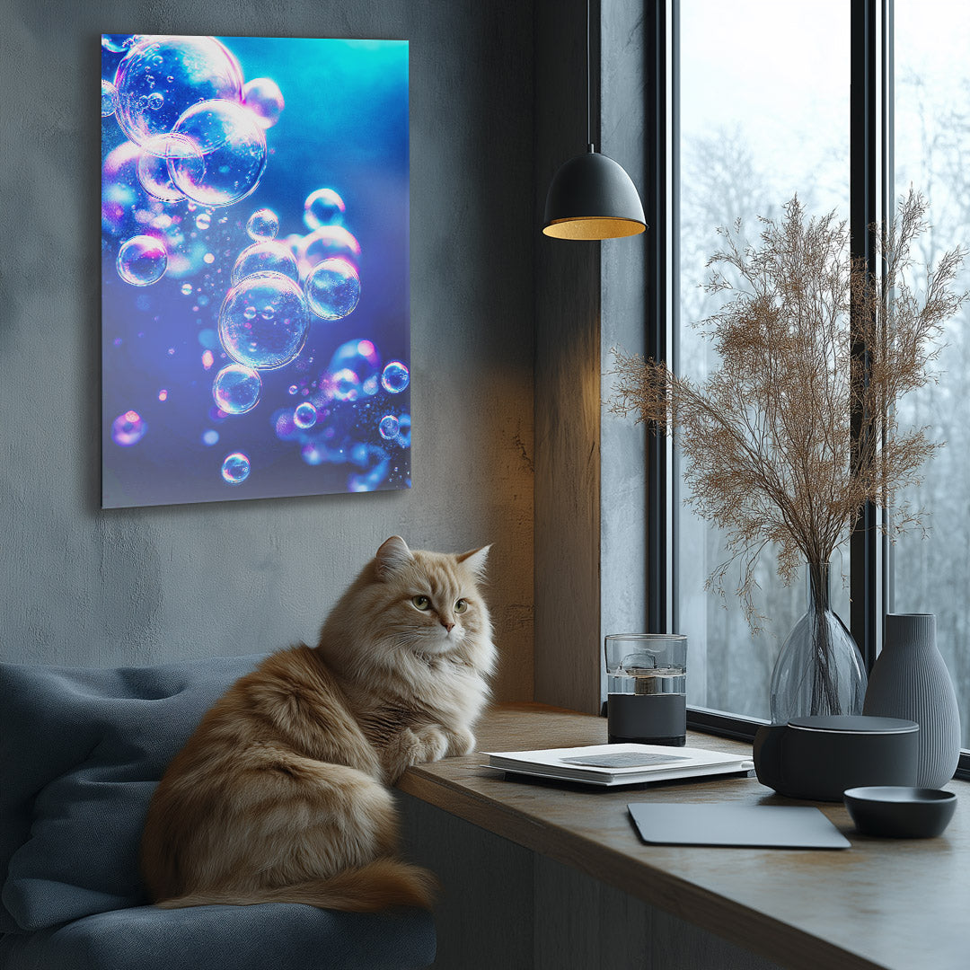 Vibrant metal wall art featuring colorful underwater bubbles against a sleek gray wall, adding a modern and dynamic touch to any space.