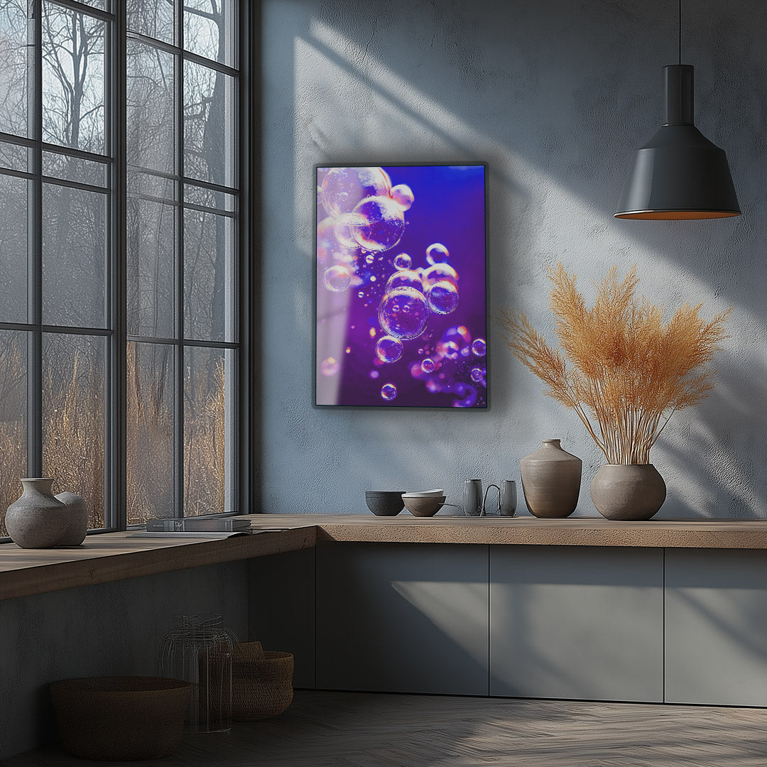 Vibrant purple underwater-themed metal wall art adds a splash of color and creativity to any kitchen space.