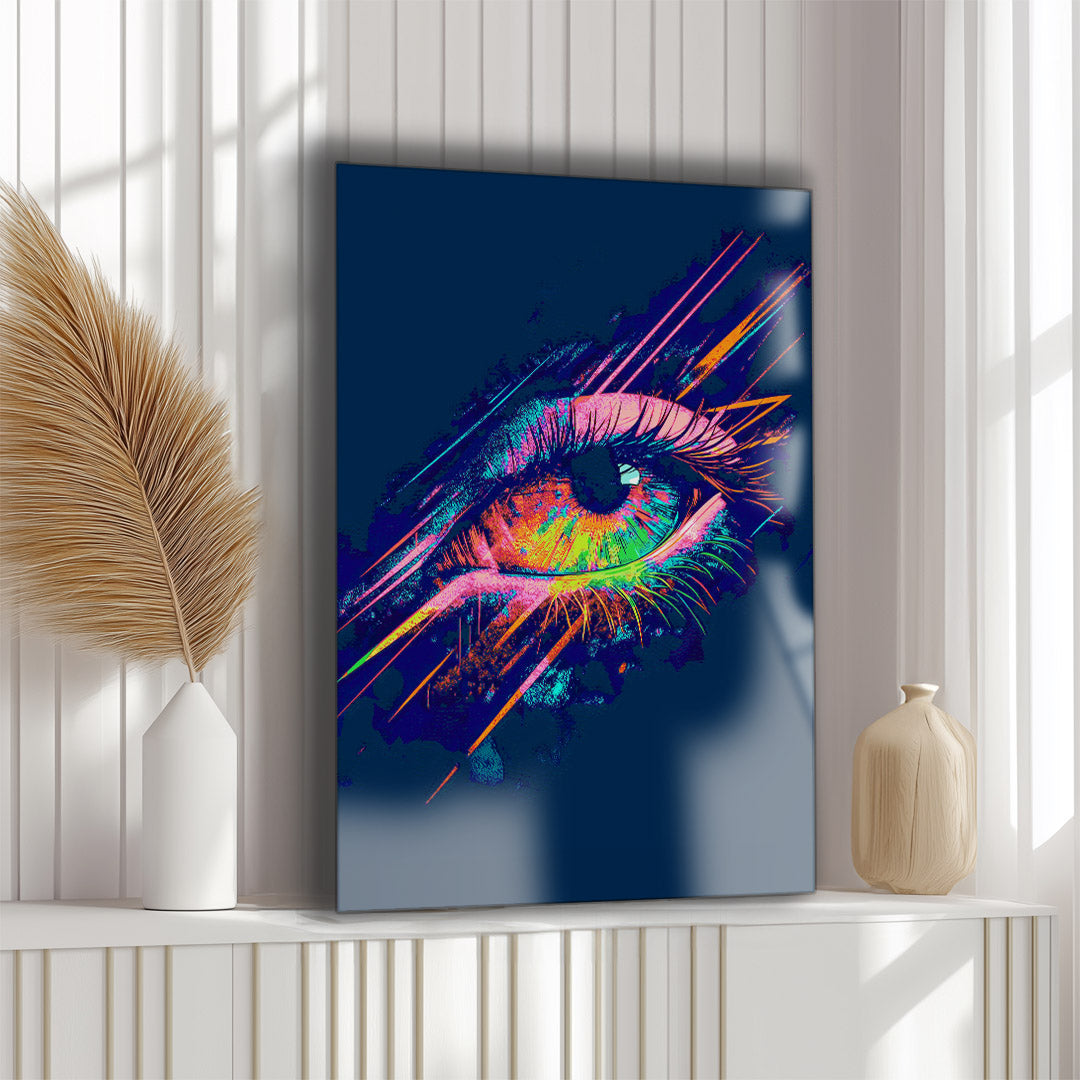 Vibrant metal wall art featuring an abstract eye design, perfect for adding a bold and modern touch to any space.