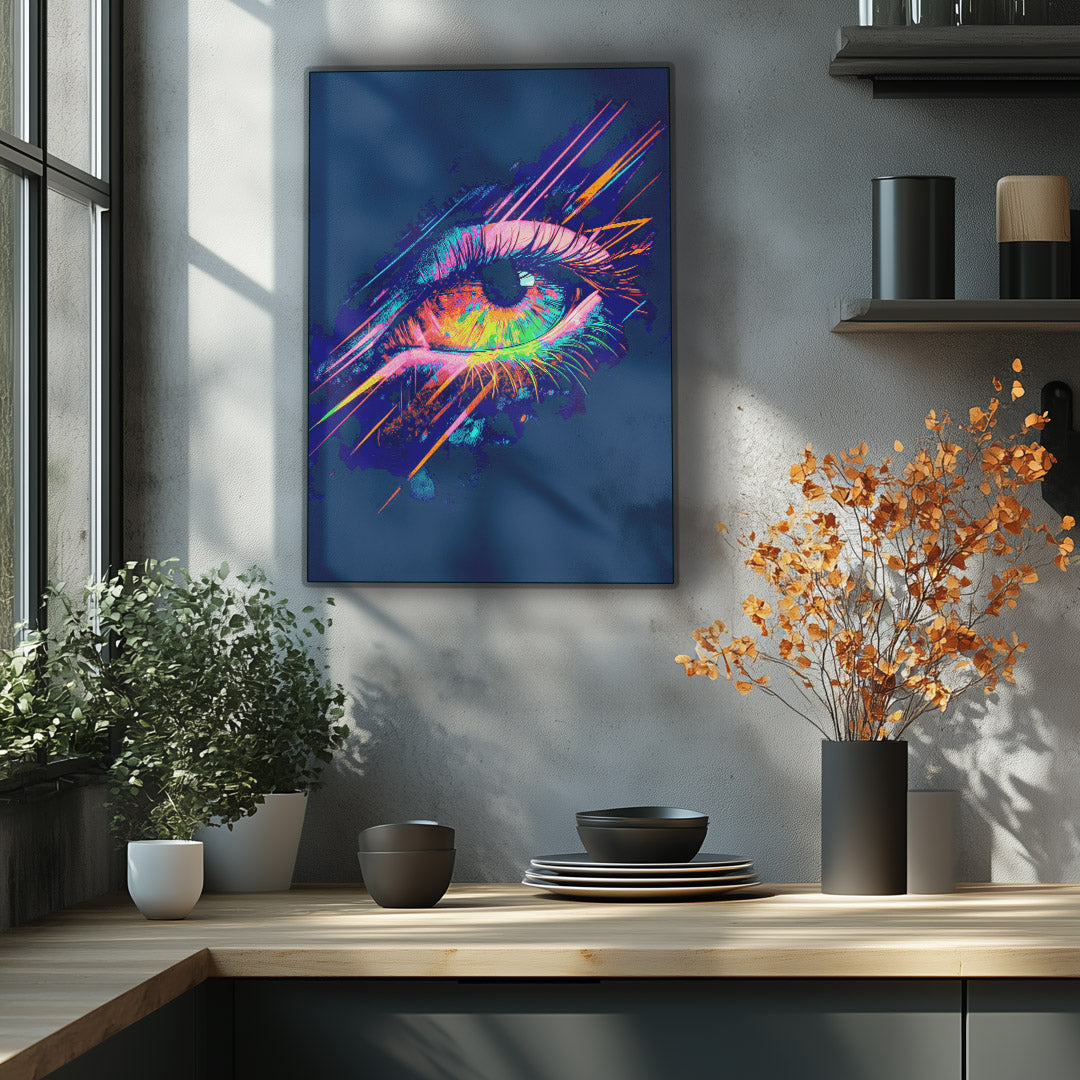 Vibrant metal wall art featuring an abstract eye design, perfect for adding a striking focal point to any space.