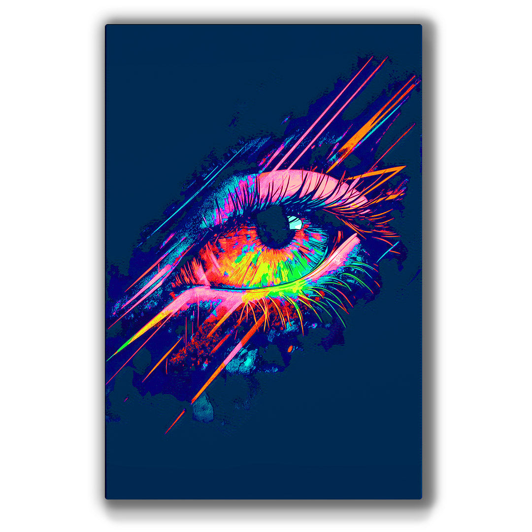 Vibrant metal wall art featuring a striking abstract eye design, perfect for adding a bold touch to any space.