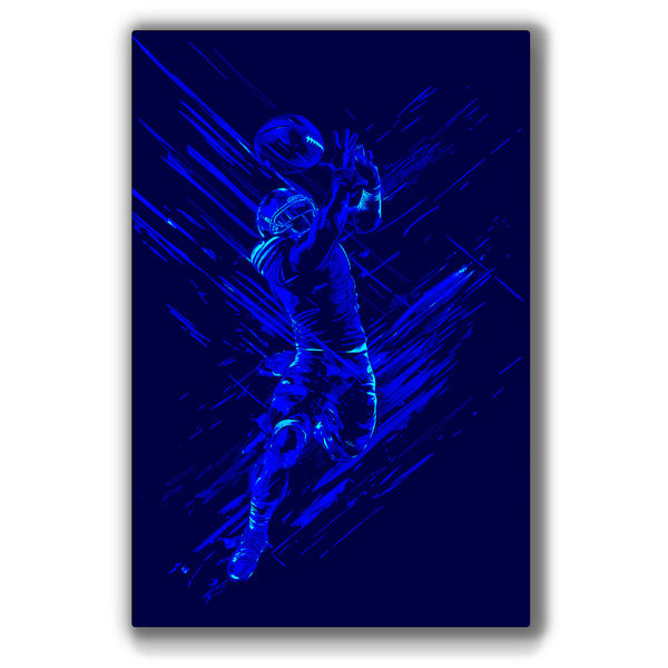 Vibrant metal wall art featuring a dynamic football receiver in action, perfect for sports enthusiasts and modern decor.