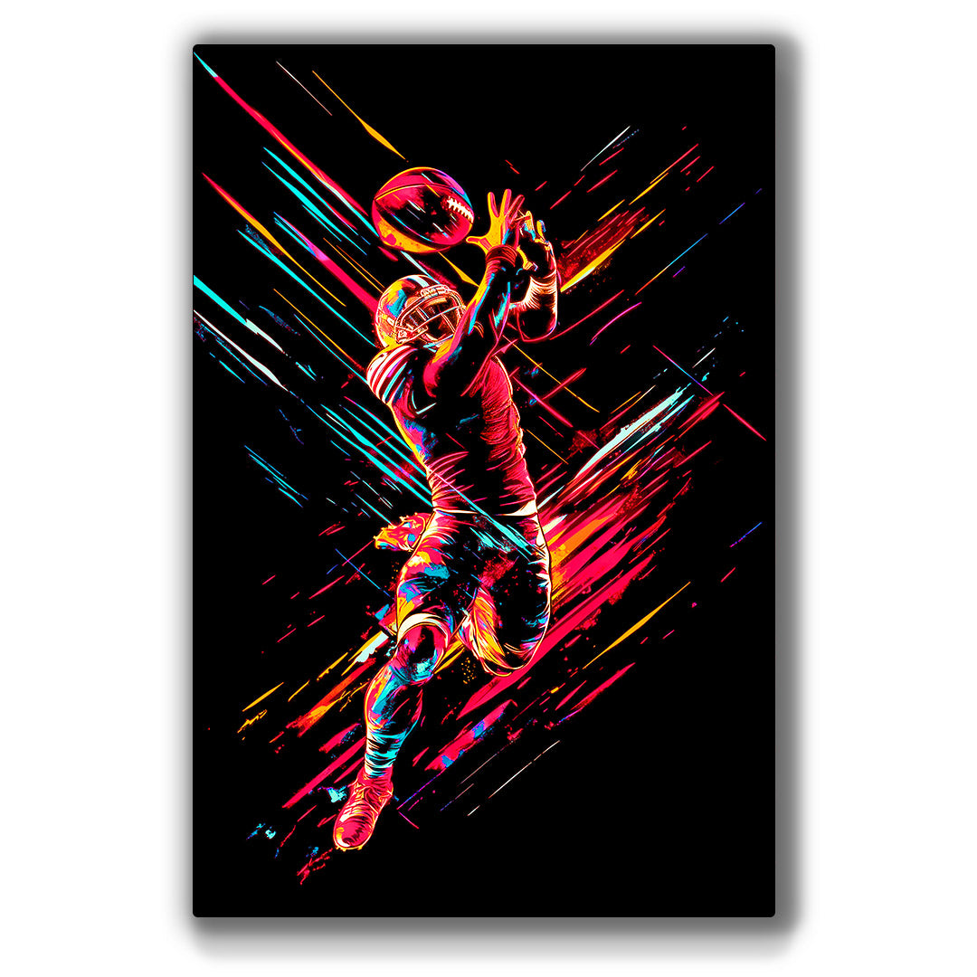 Vibrant metal wall art featuring a dynamic football receiver in action, perfect for sports enthusiasts and modern decor.