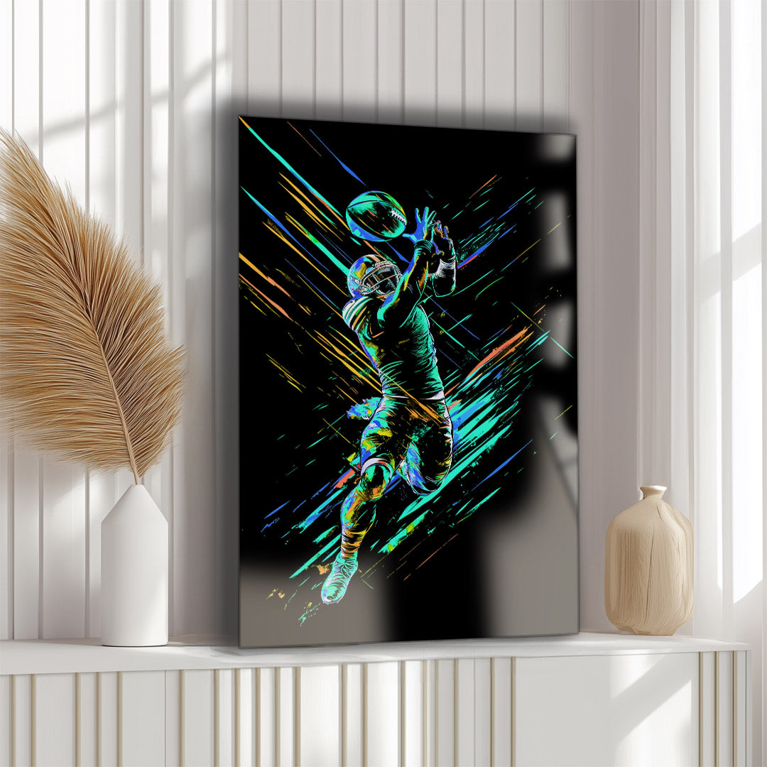 Vibrant metal wall art featuring a dynamic football receiver in motion, perfect for sports enthusiasts and modern decor.