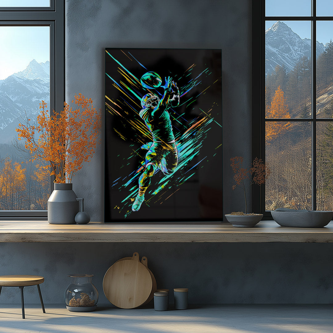 Vibrant metal wall art featuring a dynamic football receiver in action, perfect for sports enthusiasts and modern decor.