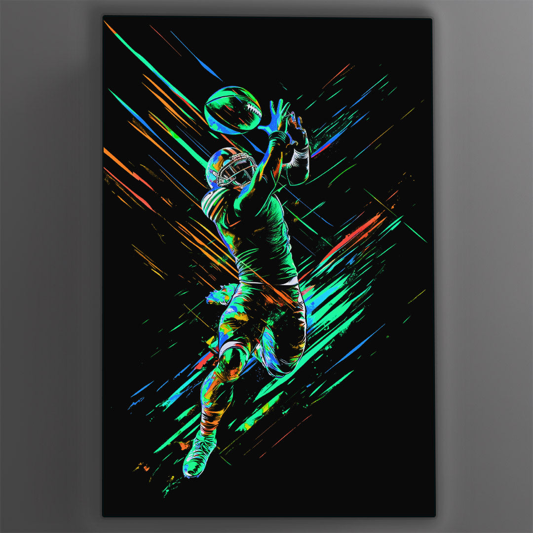 Vibrant metal wall art featuring a dynamic football receiver in action against a stylish gray backdrop, perfect for sports enthusiasts.