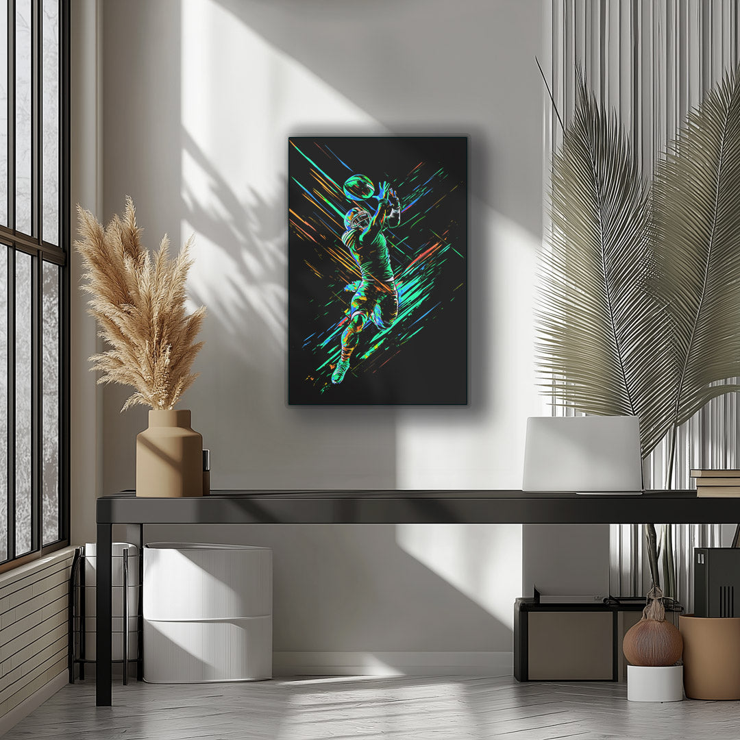 Vibrant metal wall art featuring a dynamic football receiver in action, perfect for sports enthusiasts and modern decor.