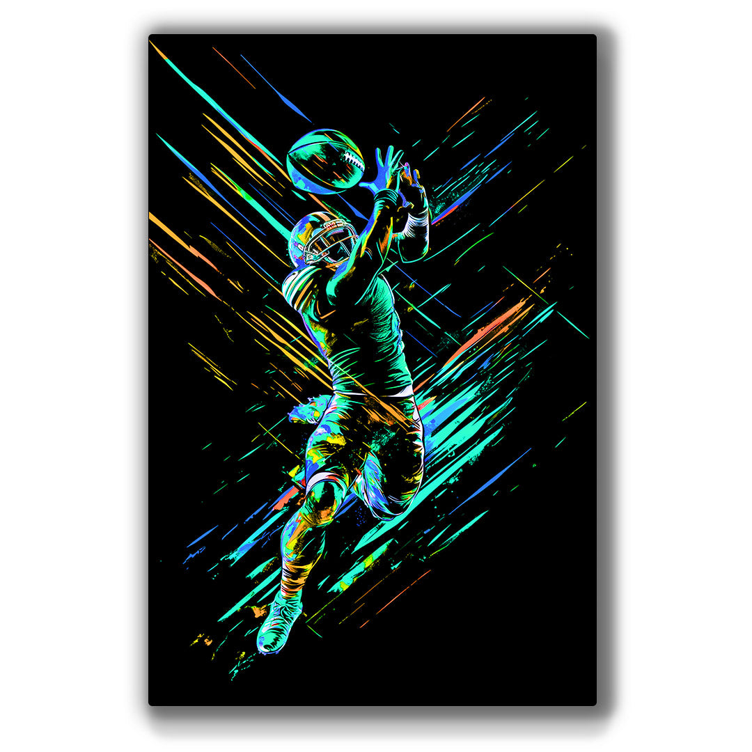 Vibrant metal wall art featuring a dynamic football receiver in action, capturing the energy and spirit of the game.