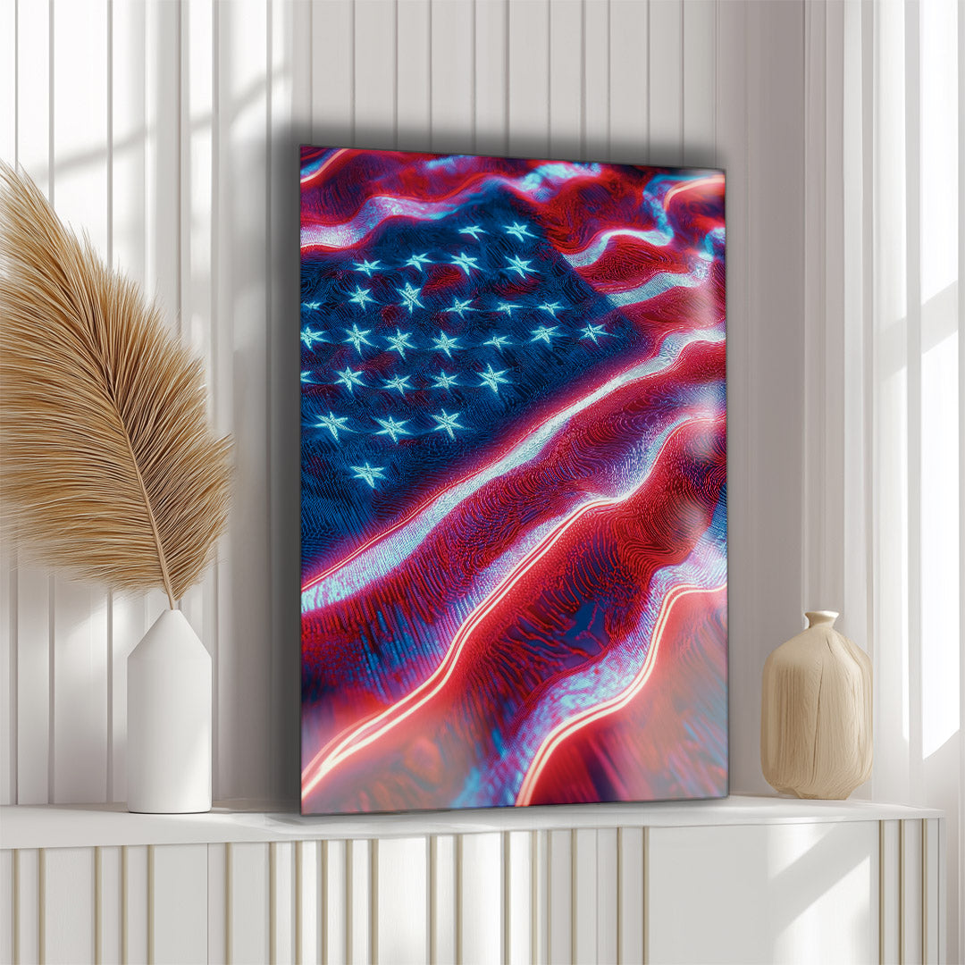 Vibrant metal wall art featuring a dynamic American flag design, perfect for adding a bold statement to any space.