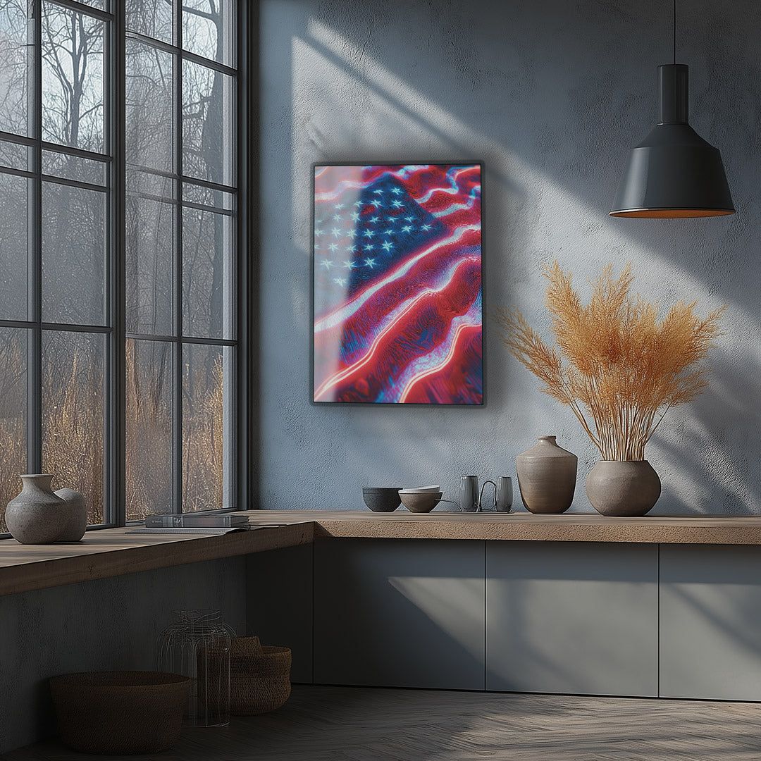 Vibrant metal wall art featuring a striking American flag design, perfect for adding a bold and patriotic touch to any space.