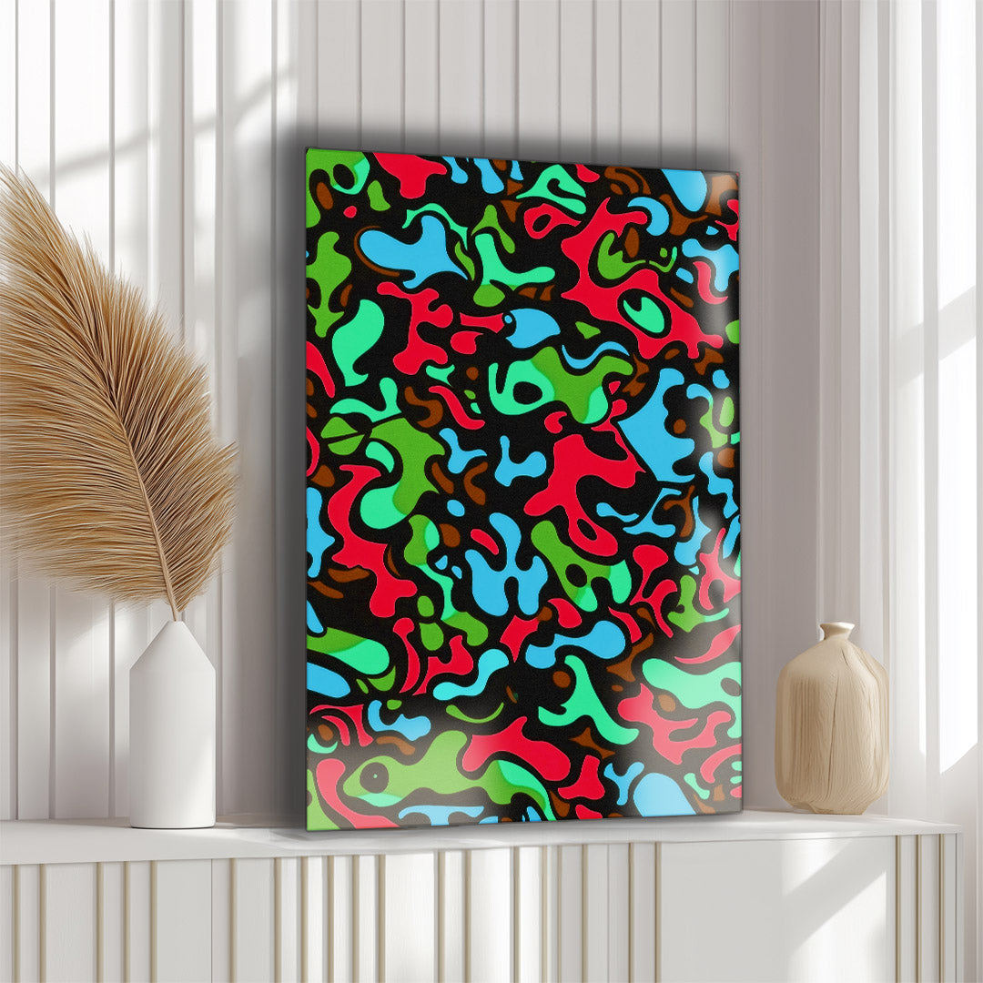 Vibrant metal wall art featuring abstract waves in bold colors, perfect for adding a modern touch to any space.