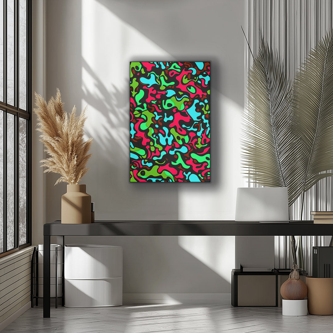 Vibrant metal wall art showcasing dynamic waves and colors, perfect for adding a bold statement to any space.