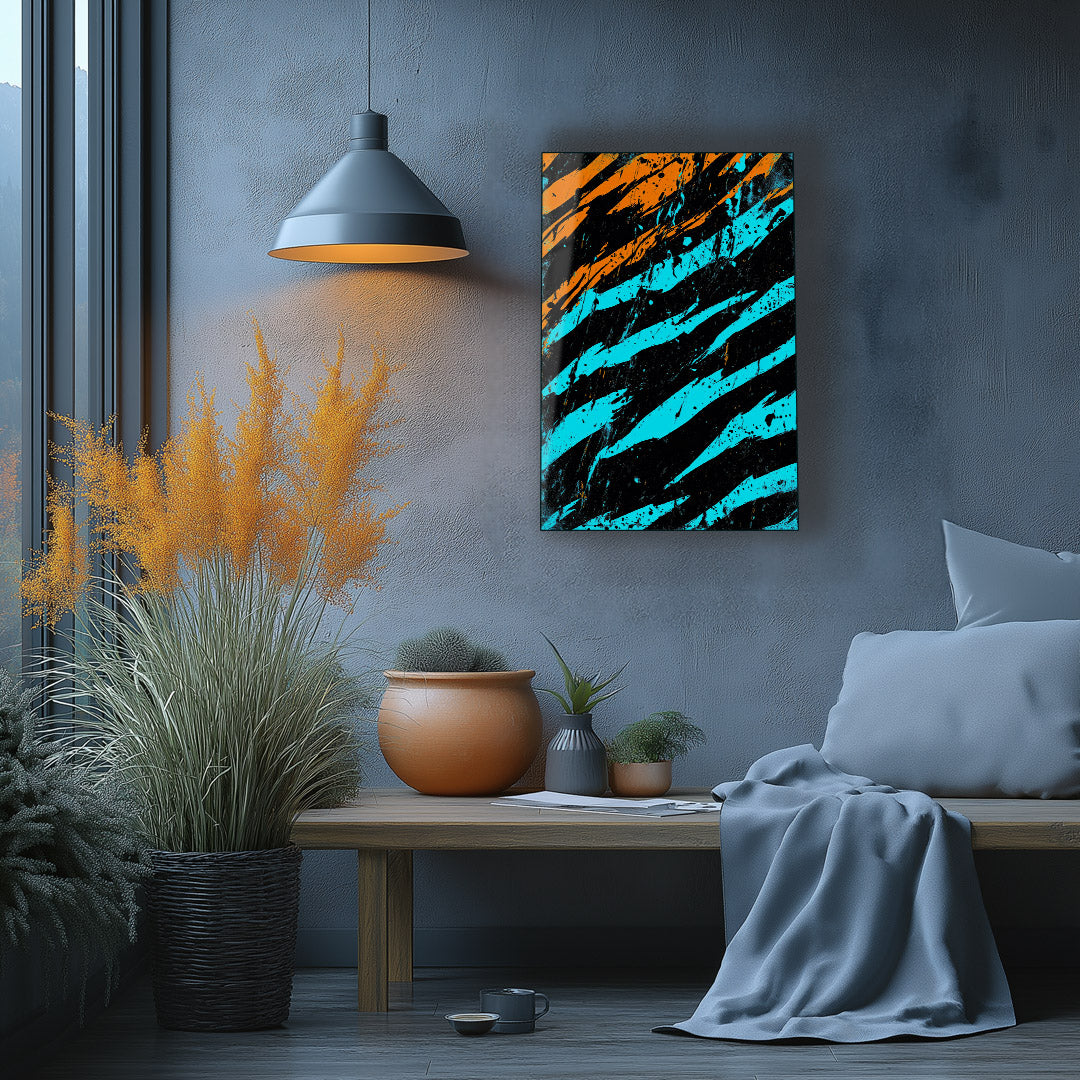 Vibrant metal wall art featuring bold blue and orange claw marks, perfect for adding a dynamic touch to any kitchen or living space.