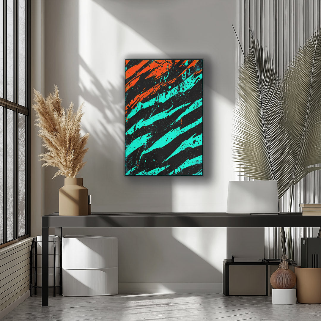 Vibrant metal wall art featuring a dynamic blend of blue and orange claw marks, perfect for adding a bold touch to any space.