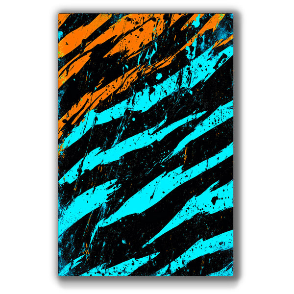 Vibrant abstract metal wall art featuring dynamic blue and orange claw marks for a striking modern decor statement.