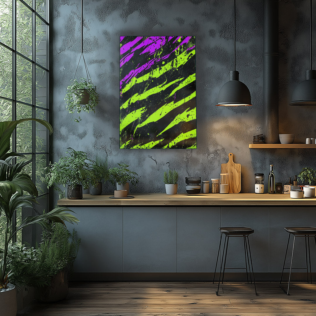 Vibrant abstract metal wall art featuring claw marks in green and pale tones, perfect for adding a bold touch to any kitchen.