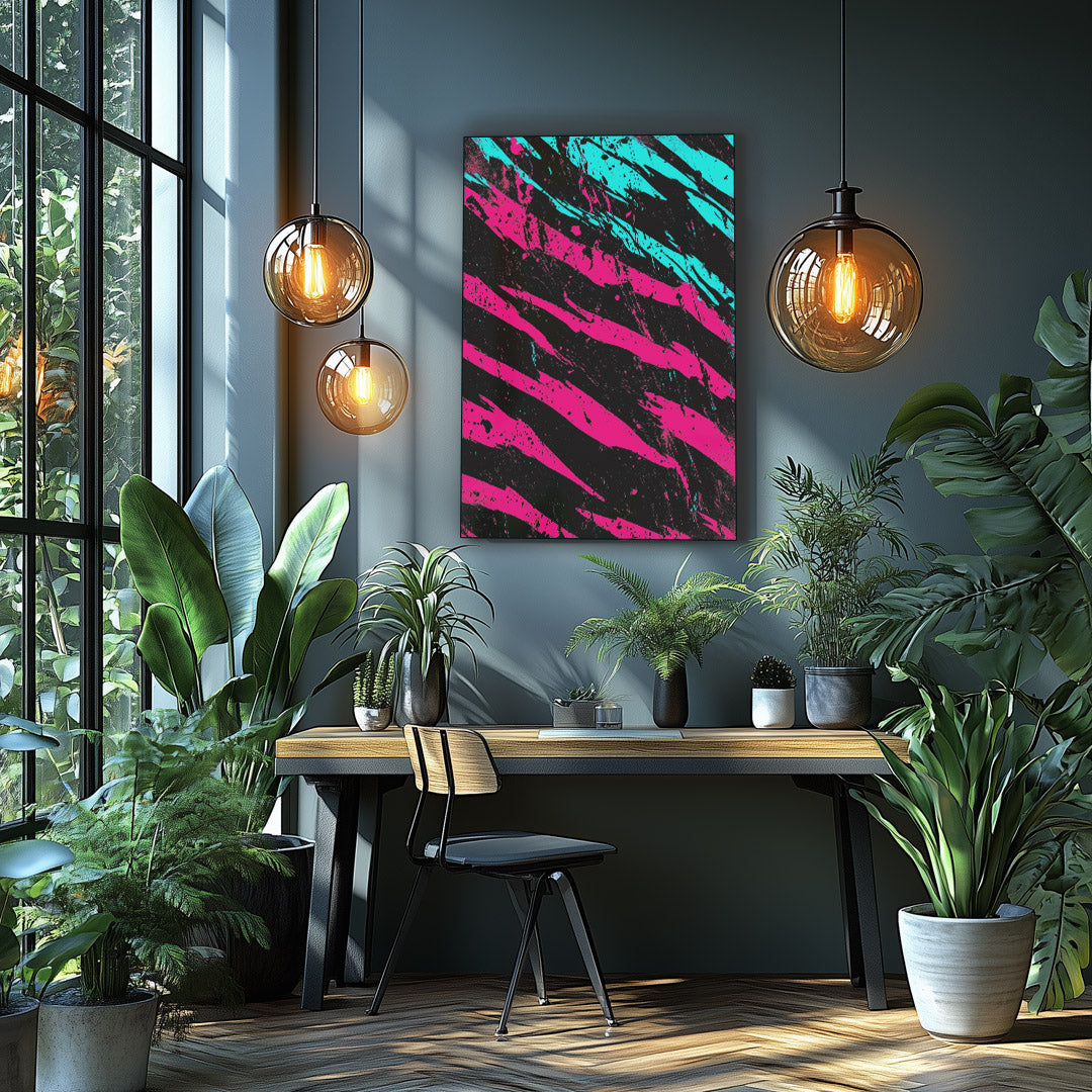 Vibrant metal wall art featuring abstract claw marks in pink and cyan, perfect for adding a modern touch to any space.