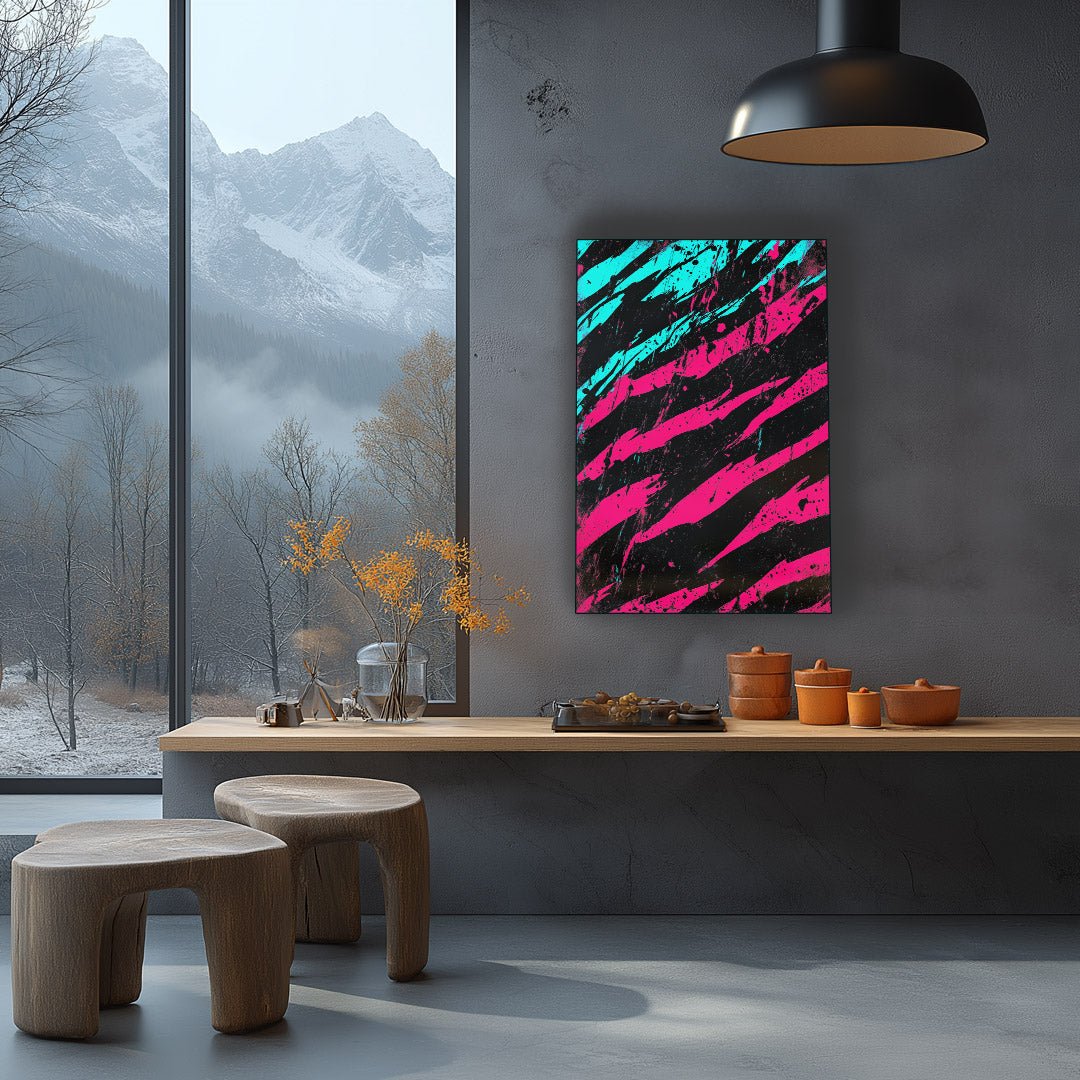 Vibrant metal wall art featuring claw mark abstract design in pink and cyan against a sleek gray background for a bold statement.