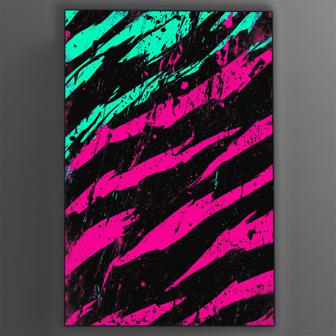 Vibrant metal wall art featuring abstract claw marks in pink and cyan, perfect for adding a bold touch to any space.