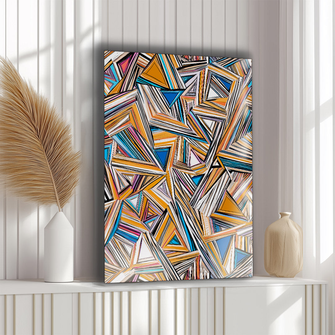 Vibrant metal wall art featuring bold diagonal cuts and abstract designs, perfect for adding a modern touch to any space.