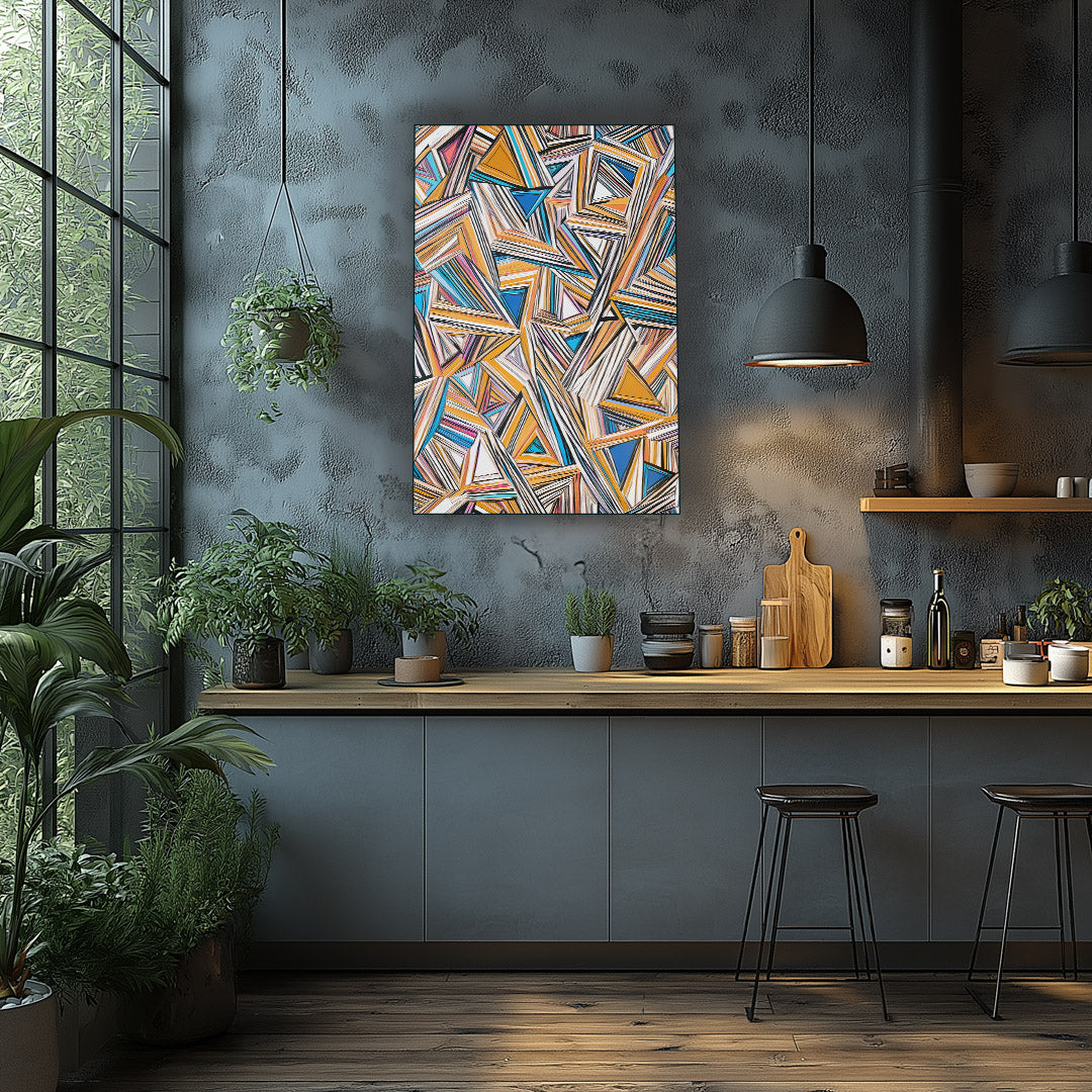 Vibrant metal wall art featuring a striking diagonal cut design, perfect for adding a modern touch to any kitchen or living space.