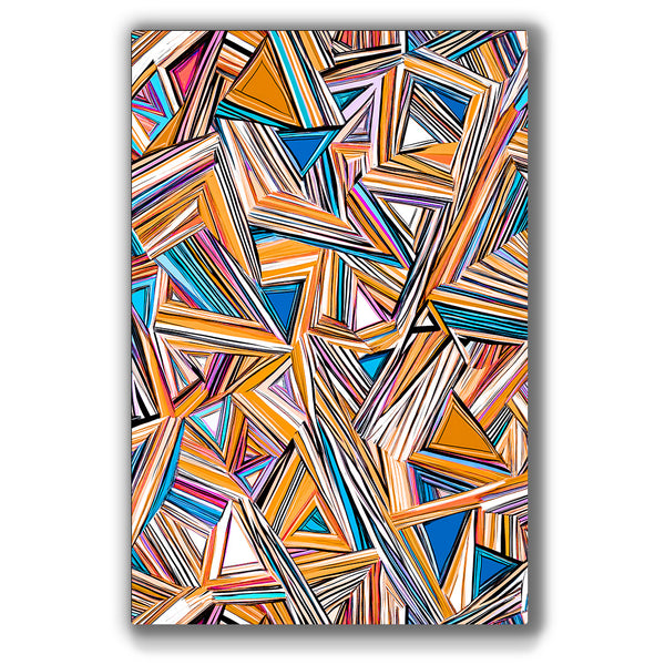 Vibrant metal wall art featuring dynamic diagonal cuts and bold colors, perfect for adding a modern touch to any space.