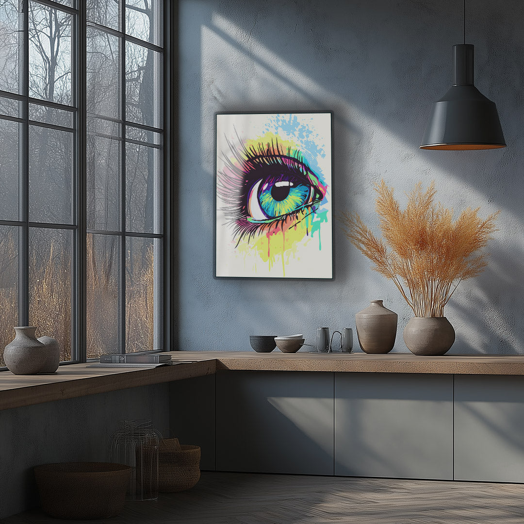 Vibrant metal wall art featuring a striking eye design, perfect for adding a bold touch to any kitchen decor.