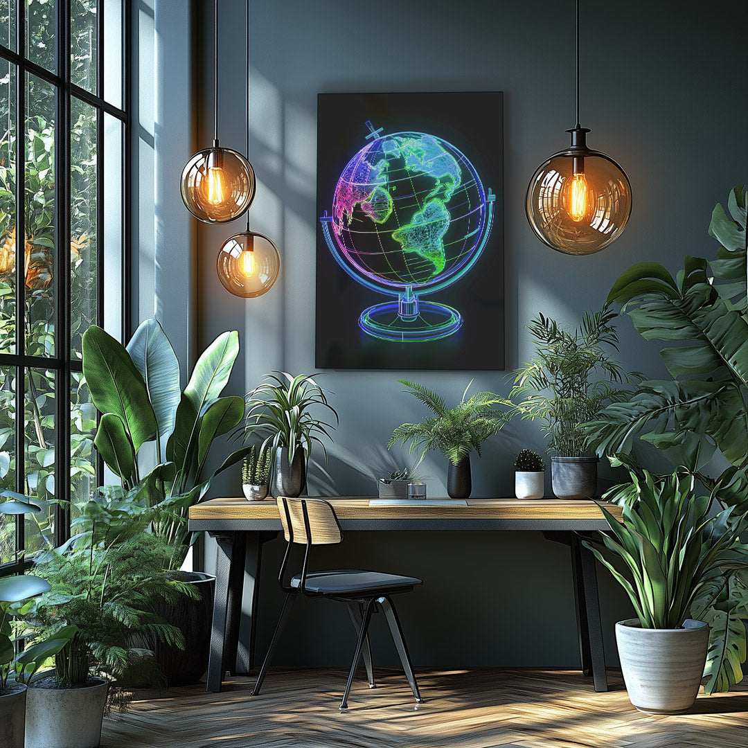 Vibrant metal wall art featuring a stunning globe design, perfect for adding a modern touch to any space.