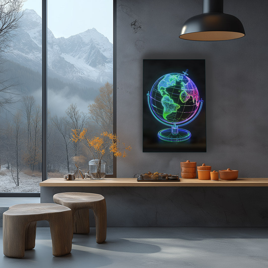 Vibrant metal wall art featuring a stunning globe design, perfect for adding a modern touch to any space.