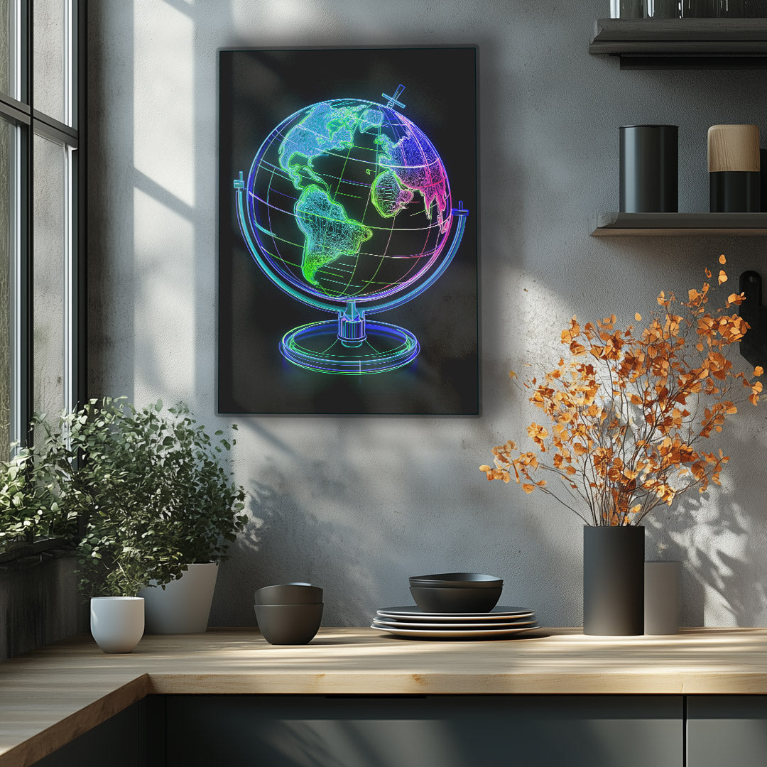 Vibrant metal wall art featuring intricate globe line designs, adding a modern touch to any space. Perfect for globetrotters and art lovers.