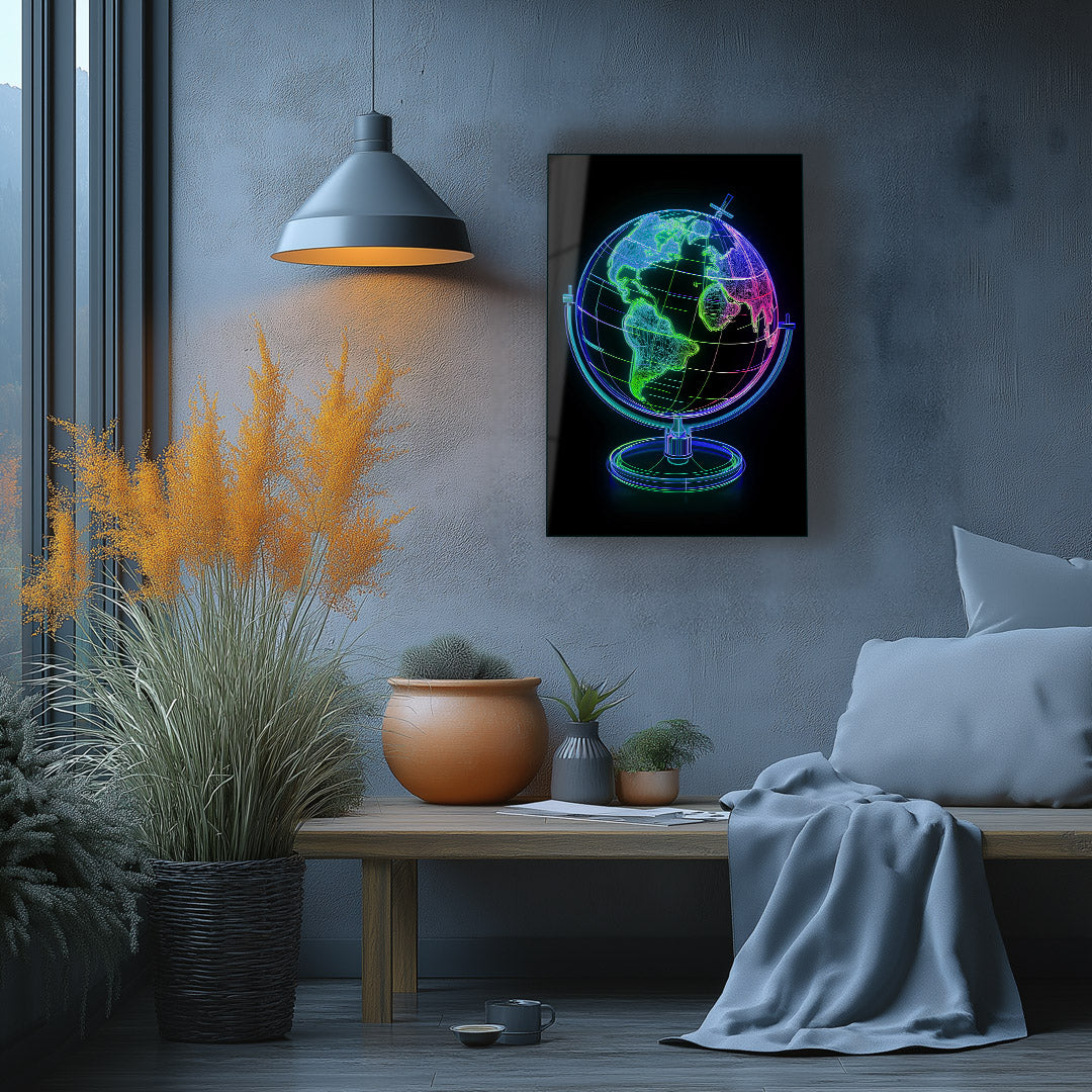 Vibrant metal wall art featuring a stunning globe design, perfect for adding a modern touch to any kitchen or living space.