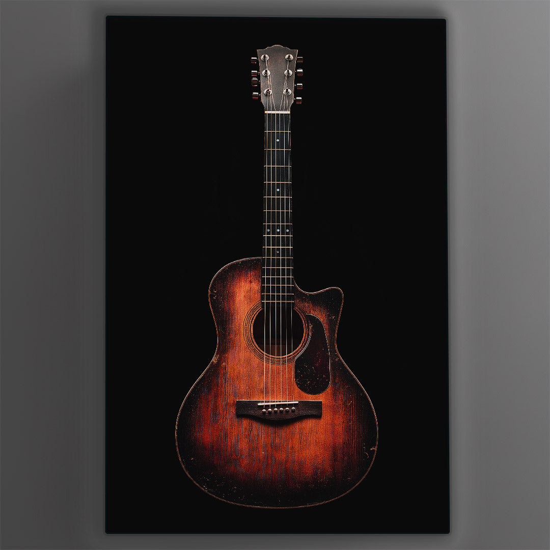 Vibrant metal wall art featuring a stunning acoustic guitar design against a sleek gray wall, perfect for music lovers and decor enthusiasts.